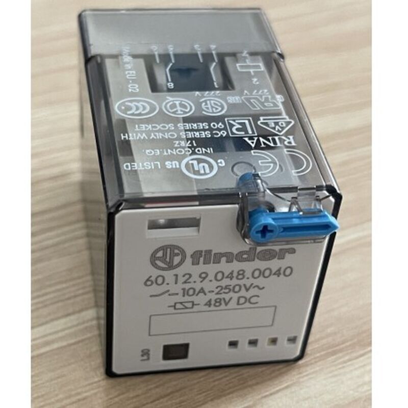 Finder - Relais industriel octal 2RT 10A 48V dc, bouton test et indicateur mécanique embrochable sur support série 90 601290480040