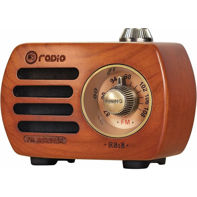 R-818 Rechargeable Portable Radio, Bluetooth 5.0 Mini Radio Support fm Radio and aux Jack, Natural Cherry Wood Vintage Radio with hd Sound and Bass