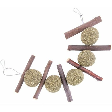Rabbit apple sticks, a stack of rabbit chew toys, guinea pig treats and pet chews