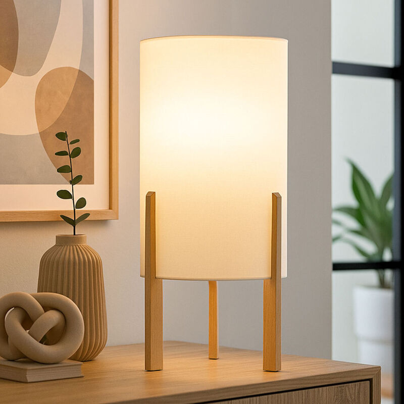 Lampe de chevet bois naturel Lampe de table Lampe de chambre textile Lampe de table salon beige, 1x E27, DxH 16 x 40 cm