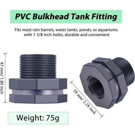 Raccord de cloison en PVC 2 pièces pour barils de pluie, aquariums, réservoirs d'eau (3/4")