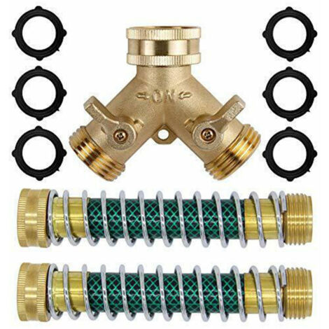 Raccord de tuyau d'arrosage en laiton 2 voies 3/4'' + 2 protections de ressort hélicoïdal + 6 rondelles en caoutchouc