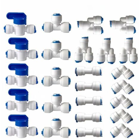 Raccord Osmoseur de filtre à eau, Raccord Droit 1/4" (6MM) Pushfit pour Tuyau de Filtre à Eau, Raccords pour Réfrigérateur Tubes de (Robinet Combiné de Type Y + T + I + L + Robinet d'Arrêt)25 pièces