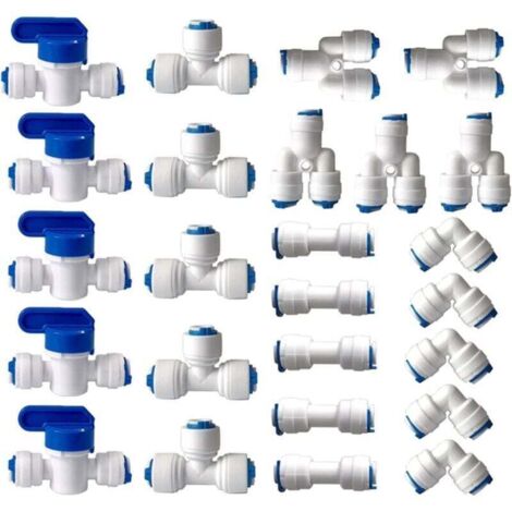 Raccord Osmoseur de filtre à eau, Raccord Droit 1/4" (6MM) Pushfit pour Tuyau de Filtre à Eau, Raccords pour Réfrigérateur Tubes de (Robinet Combiné de Type Y + T + I + L + Robinet d'Arrêt)25 pièces