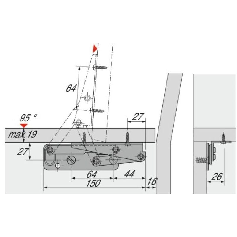 Compas d'abattant Schwenfix 95° pour coffres ou banquettes d'angle Hettich