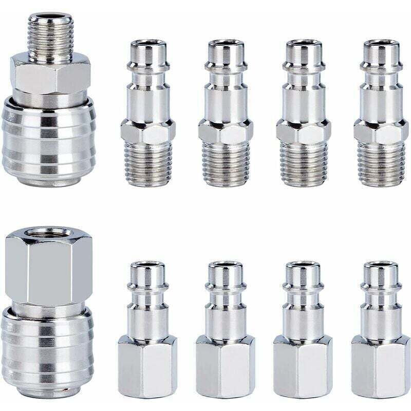 Raccord Rapide de Compresseur 1/4'BSP Coupleur Pneumatique d'air Kit Raccords de Tuyau Connecteur Homme Femme 10 Pièces