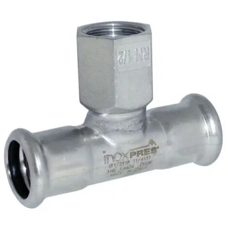 Raccordo a t a pressare con derivazione filetto femmina femmina in acciaio inx serie inoxpress uniko ø22x1/2"xø22 FRABO