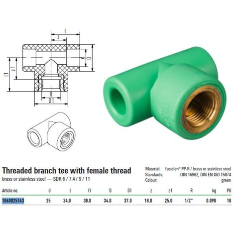 Raccordo a T con attacco filettato F 25mm per 1/2" Aquatherm 1060025143