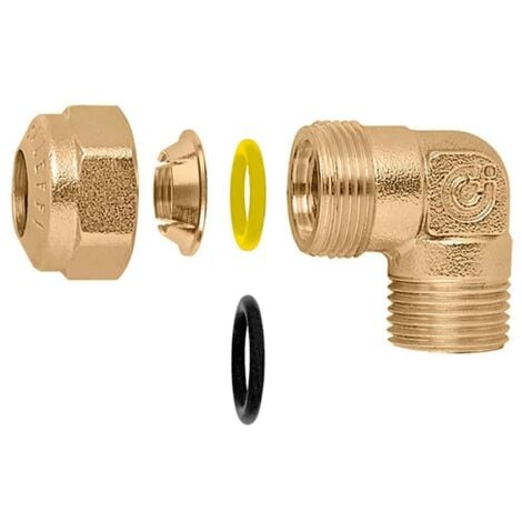 Raccordo curvo maschio. Attacco G 3/4" A (ISO 228-1) M ingresso - ø 22 uscita - Per tubi in rame ricotto, rame crudo, ottone, acciaio dolce e acciaio inox. Con doppio O-Ring. 905752