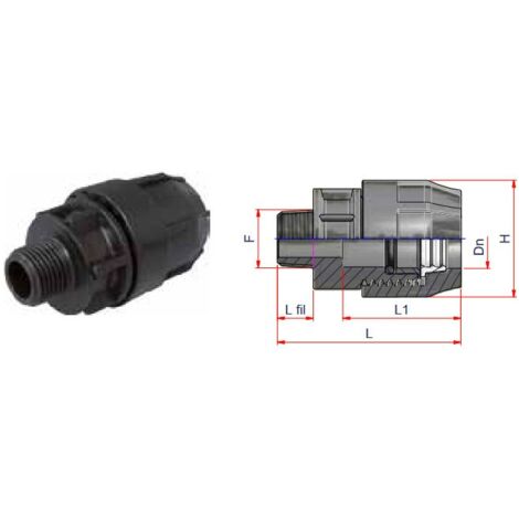 Raccordo filettato diritto Nupi maschio - diametro 25 mm - 1/2" in PE 10KRFM2512