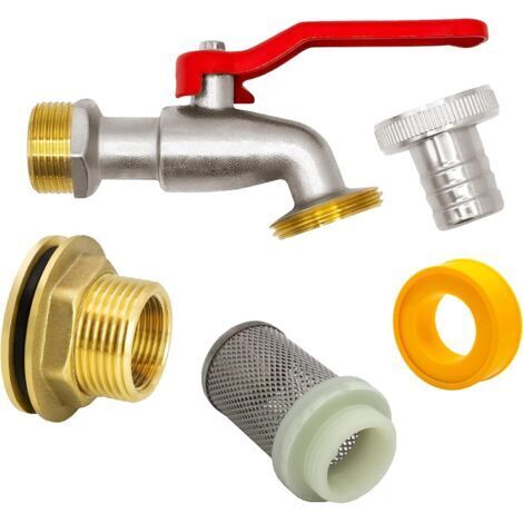 Raccordo per barile di raccolta acqua piovana + rubinetto + gruppo filtro a sfera 14719, 1/2", ottone