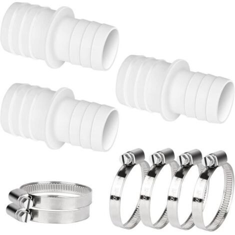 Raccords de tuyau de piscine 32-38mm - Lot de 3 avec 6 colliers de serrage - Blanc