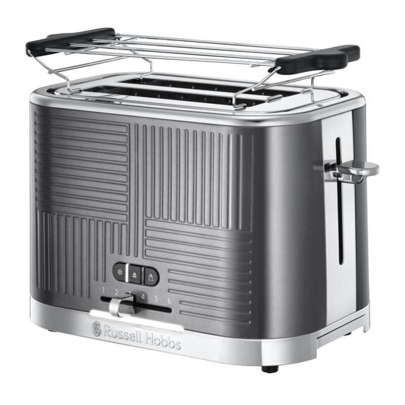 25250-56 Toaster Grille-Pain Geo Steel, 4 Fonctions, Temperature Ajustable, Rechauffe Viennoiseries, Pince - Russell Hobbs