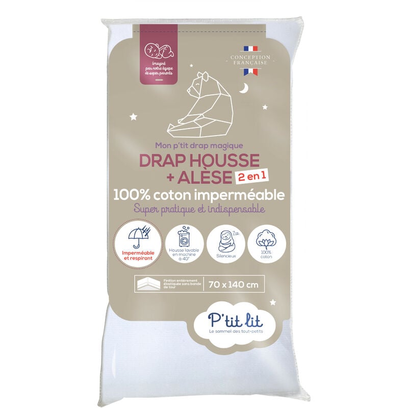P'tit Lit - Protège Matelas Bébé 2 en 1 Alèse + Drap Housse 70x140 cm Imperméable - 100% Coton - Souple et Silencieux - Respirant - Oeko Tex® - Blanc