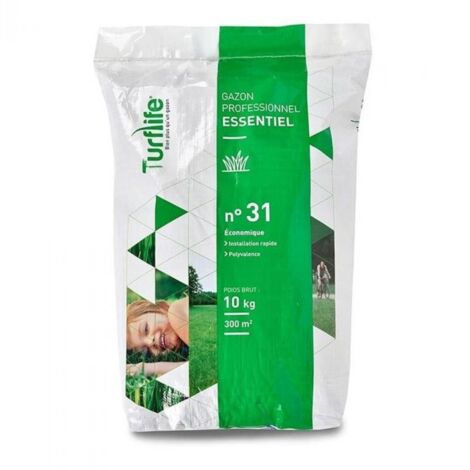 Racine – Gazon professionnel Turflife n°31 – Sac 10kg pour jusqu'à 300m² – Mélange de ray-grass et fétuque pour tous types de sols