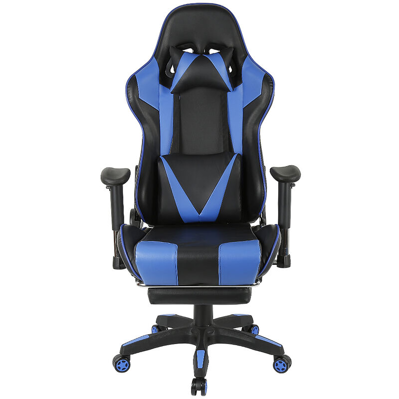 

Racing Silla de Oficina - Respaldo Alto Giratorio 360° Reposacabezas y Cojín Lumbar Reclinable Altura Ajustable Sintético PU Negro y Azul