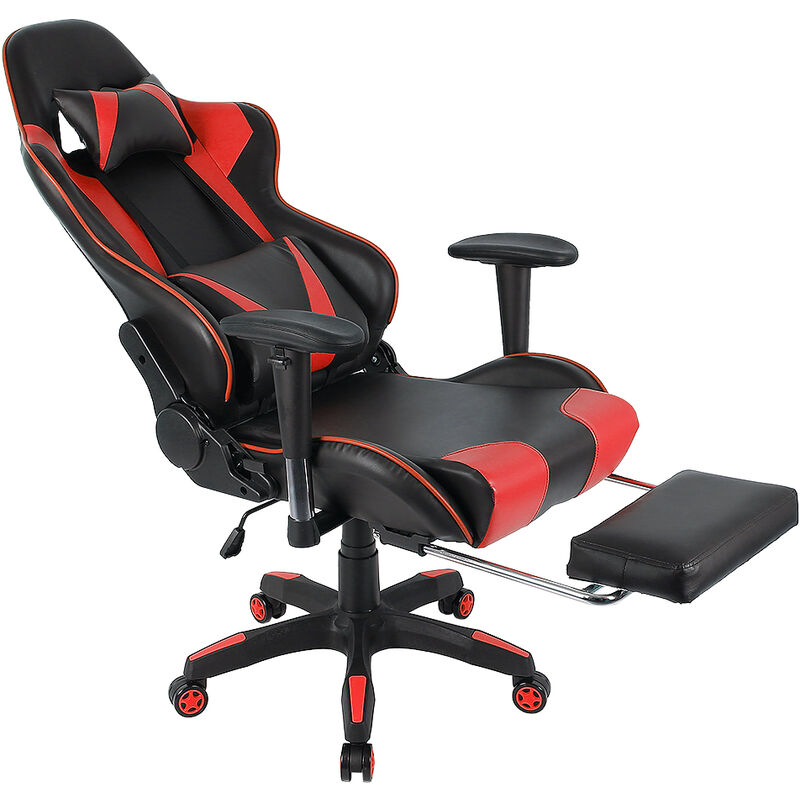 

Racing Silla de Oficina - Respaldo Alto Giratorio 360° Reposacabezas y Cojín Lumbar Reclinable Altura Ajustable Sintético PU Negro y rojo