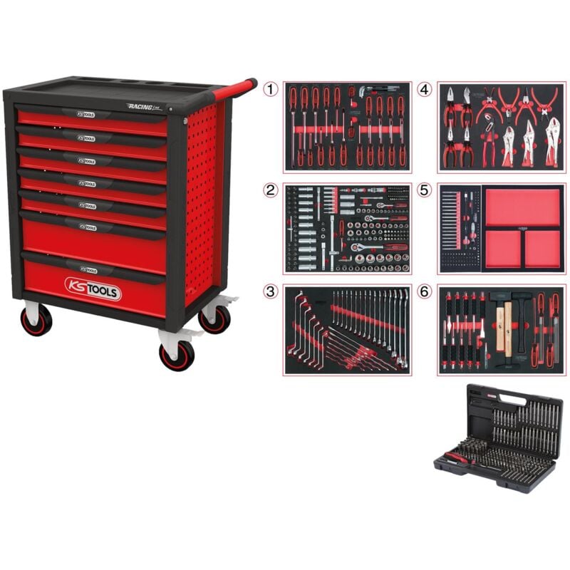 Kstools - RACINGline Servante d'atelier noir/rouge avec 7 tiroirs et 598 outils d'excellente qualité
