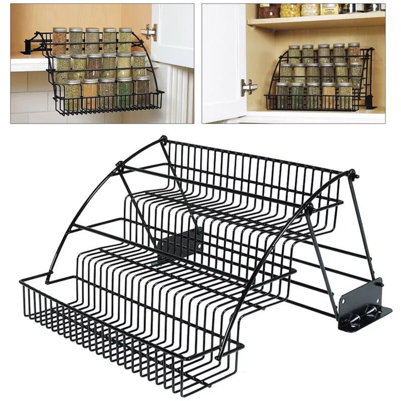 Senderpick - Rack à épices à 3 étages pour étagère de cuisine, armoire, rack de rangement, métal, noir