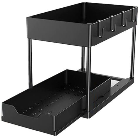Rack à épices coulissant 2 niveaux en acier inoxydable noir, organisateur pour tiroir de cuisine avec compartiment baguettes