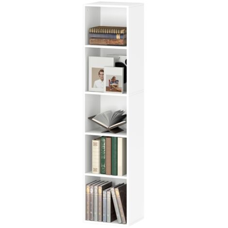 Rack à livres, étagère de rangement avec 5 niveaux. Étagère de stockage permettant d’ajuster l’espacement entre les objets pour le salon ou la chambre à coucher. Blanc.