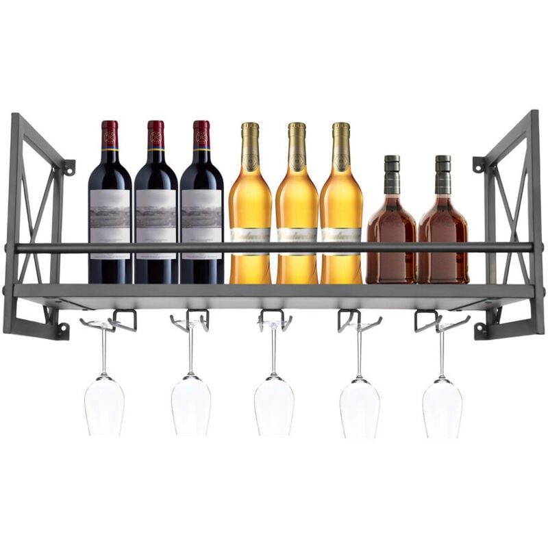 Rack à vin mural Etagère Gin Rack Bouteille 5 Verres Home Bar 1 Couche