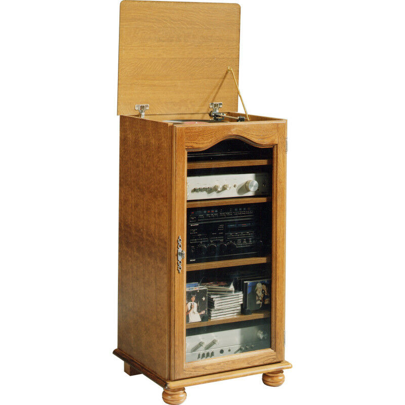 Rack HiFi Chêne 1 Porte Vitrée Dessus Relevable 5 Niches l 57 h 107 p 46.5 cm - marron