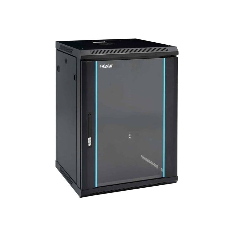 Phasak - Armoire murale 18U 600x450, cadre noir, idéal pour les serveurs et les télécommunications, design compact et robuste, ventilation efficace