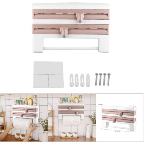 Rack mural organisateur pour cuisine : Porte-serviettes, cutter pour film & papier, 2 dispensers, plateau pour épices, ABS (39x10x24cm) - Blanc, Bleu Gris, Khaki