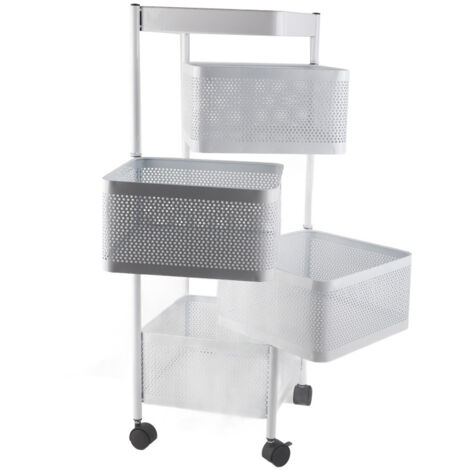 Rack Tournant 4 Niveaux Blanc pour Fruits et Légumes, Support de Rangement de Cuisine Métallique Stable avec Roulettes
