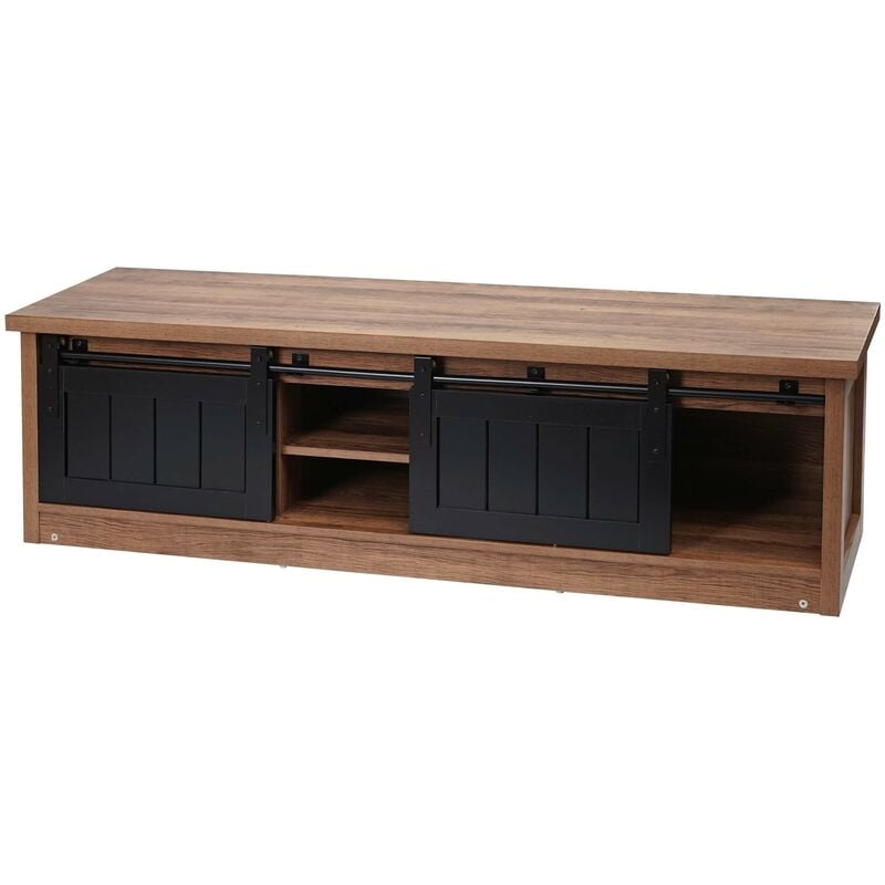 HHG - Rack tv 132, Table tv, portes coulissantes, compartiments de rangement, aspect bois métal industriel 43x150x40cm brun - brown