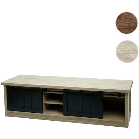 Rack TV HWC-K75 - Table TV - portes coulissantes - compartiments de rangement - aspect bois métal industriel 43x150x40cm - brun