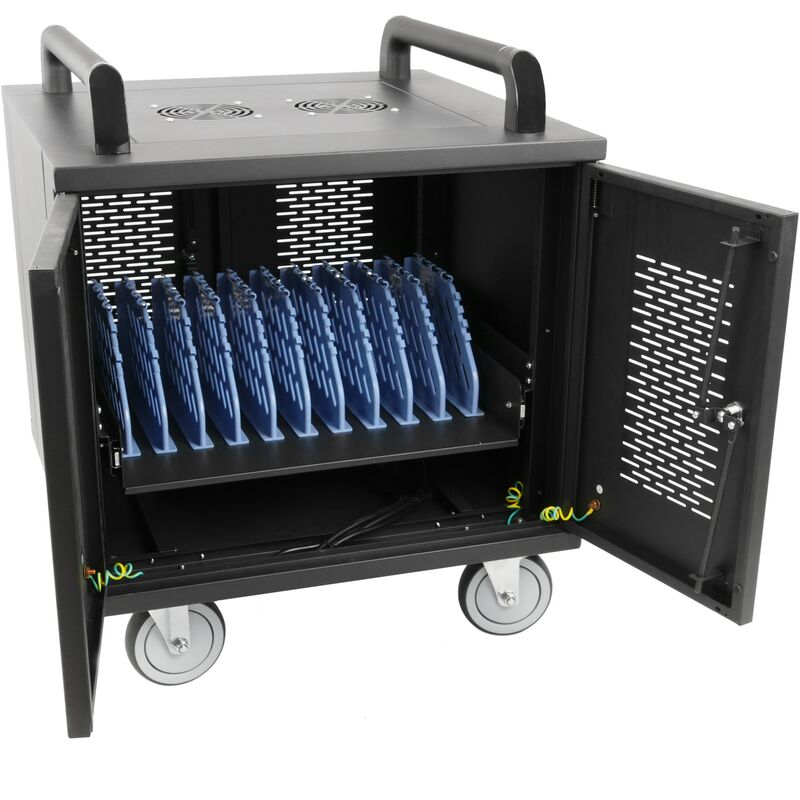 Charging and transport cabinet for 10 tablets and laptops black with 16 schuko on 2 strips - Rackmatic