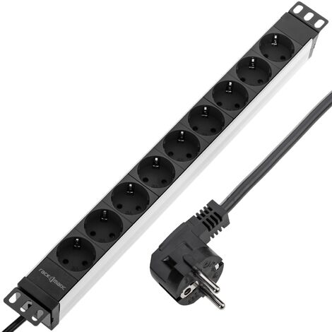 RackMatic - PVC-Leiste mit 9 schwarzen Schuko-Steckern für 19” 1HE-Rack Schrank