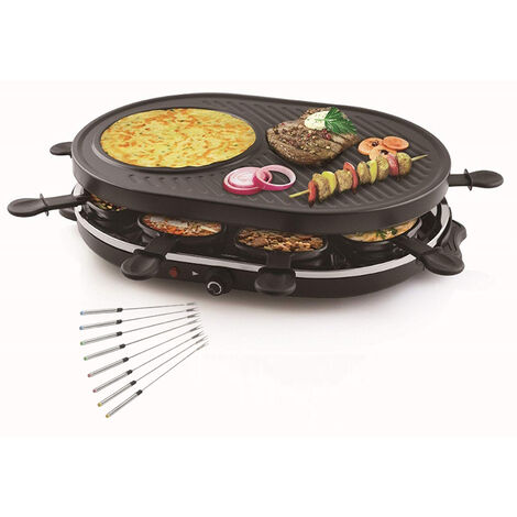 RACLETTE 8 Personen Tischgrill mit Gabeln, Grillplatte oval Crêpefläche 1200W