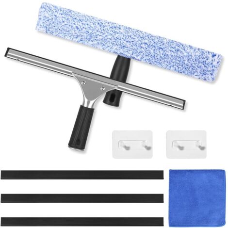Raclette à Vitre Professionnel 8 Pièces, Kit de Nettoyage de Vitres en Acier Inoxydable avec Raclette Silicone & Brosse Microfibre, Lave Vitre avec Crochet pour Salle de Bain, Voiture, Fenêtre