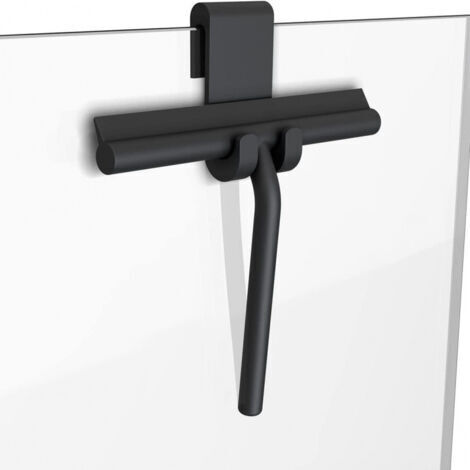 Raclette de douche en silicone pour portes et fenêtres en verre, raclette de nettoyage de vitres, sans perçage, support inclus (noir, 21 cm)