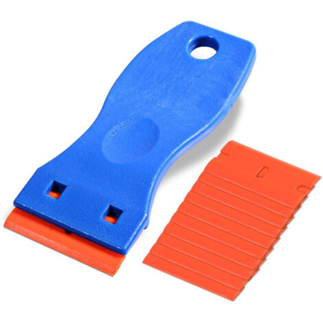 Raclette, grattoir à verre grattoir à plaque vitrocéramique avec 10 grattoirs en plastique pour enlever les étiquettes, la colle, etc., bleu
