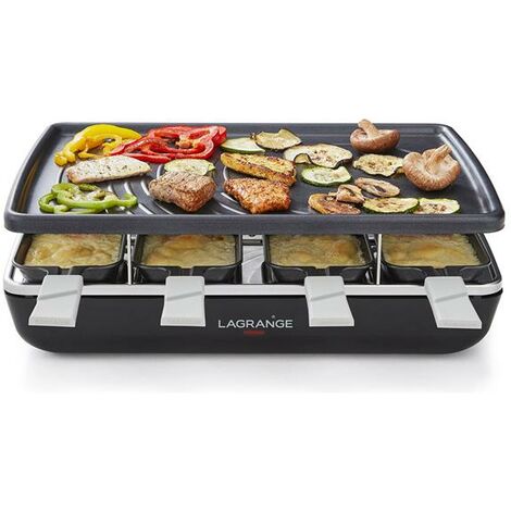 H.Koenig Raclette 8 Personas 4 en 1, Plancha con Piedra Natural, Grill,  Crepera, 900 W, Rojo, Negro RP412, Acero Inoxidable