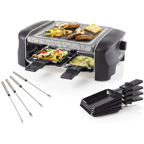 RACLETTE Partygrill für 4 Personen mit 4 Gabeln, Steinplatte 21x21cm, 600 Watt