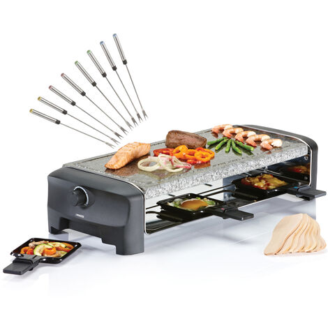 RACLETTE Partygrill für 8 Personen mit 8 Gabeln, Steinplatte 21x42cm, 1300 Watt