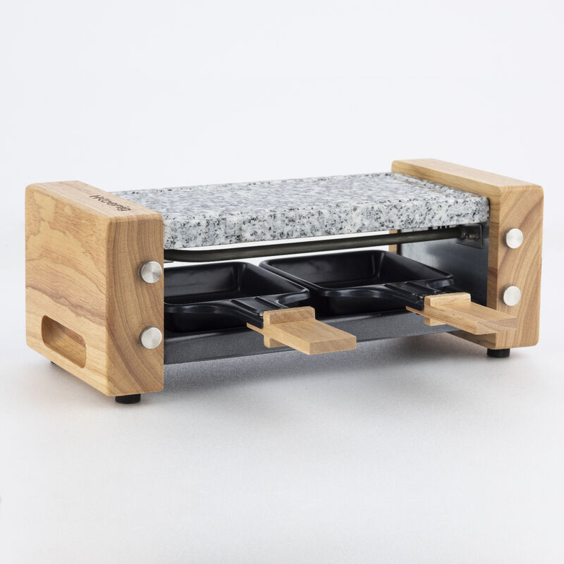 H.koenig Raclette 2 Personas, Plancha De Piedra Natural, 350 w, Acero Inoxidable, Madera, 2 Sartenes Antiadherentes, WOD2