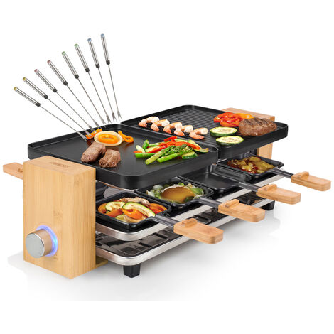 RACLETTE PURE Bambus mit Pfännchen Ablage & Teppan Gabeln, 8 Personen, 1300 Watt