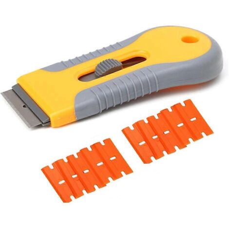 Racloir en plastique avec lame de rasoir, grattoir à peinture et colle, 10 lames incluses, outil de décollage pour surfaces délicates.