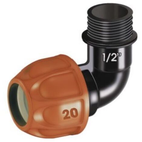 Racor en codo para tubo de 20mm con rosca macho de 1-2"