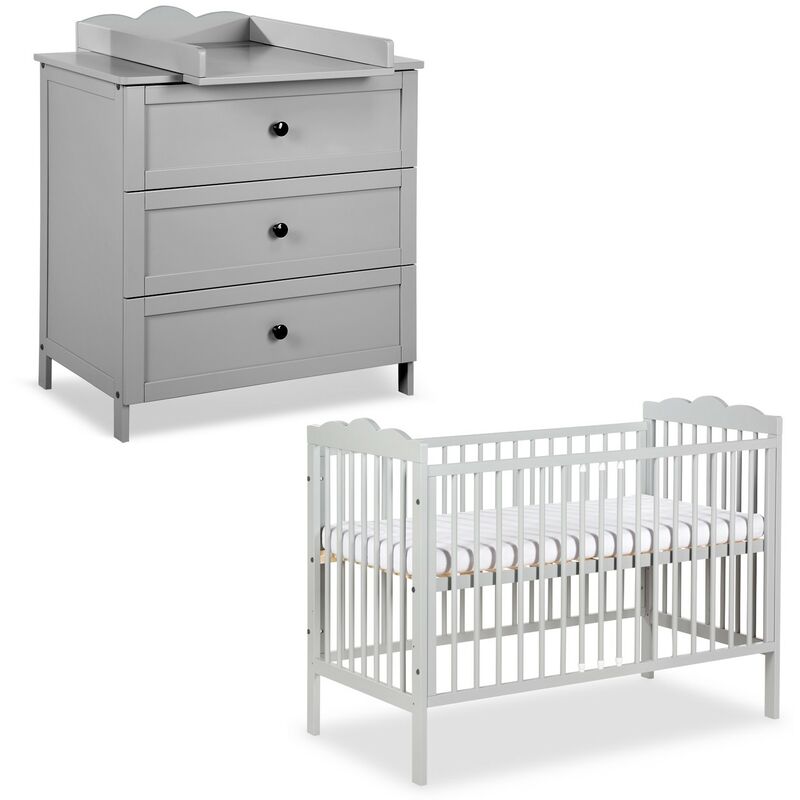 radek iii chambre bébé commode à langer et lit en bois gris 120x60 cm