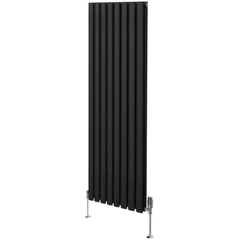 Monster-shop - Radiateur à Colonne Ovale 1600 x 480mm & Robinet Thermostatique Chromé, Chauffage Moderne Vertical en Acier au Carbone Noir Mat,