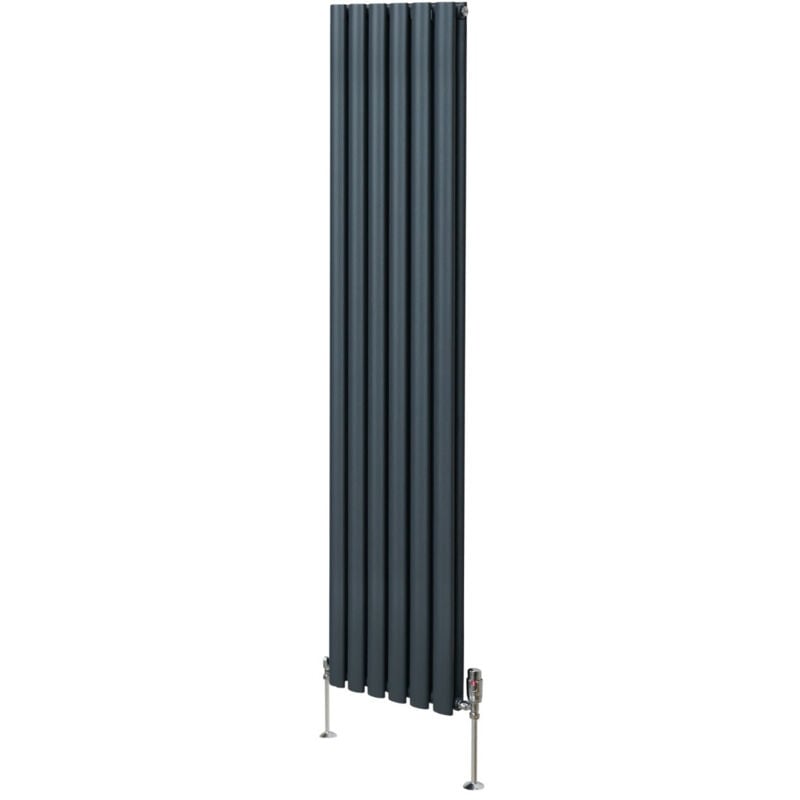 Monster-shop - Radiateur à Colonne Ovale 1800 x 360mm & Robinet Thermostatique Chromé, Chauffage Moderne Vertical en Acier au Carbone Gris Anthracite