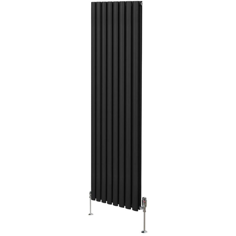 Monster-shop - Radiateur à Colonne Ovale 1800 x 480mm & Robinet Thermostatique Chromé, Chauffage Moderne Vertical en Acier au Carbone Noir Mat,