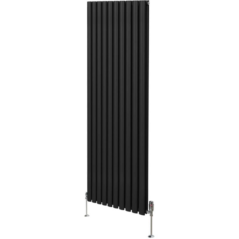 Monster-shop - Radiateur à Colonne Ovale 1800 x 600mm & Robinet Thermostatique Chromé, Chauffage Moderne Vertical en Acier au Carbone Noir Mat,